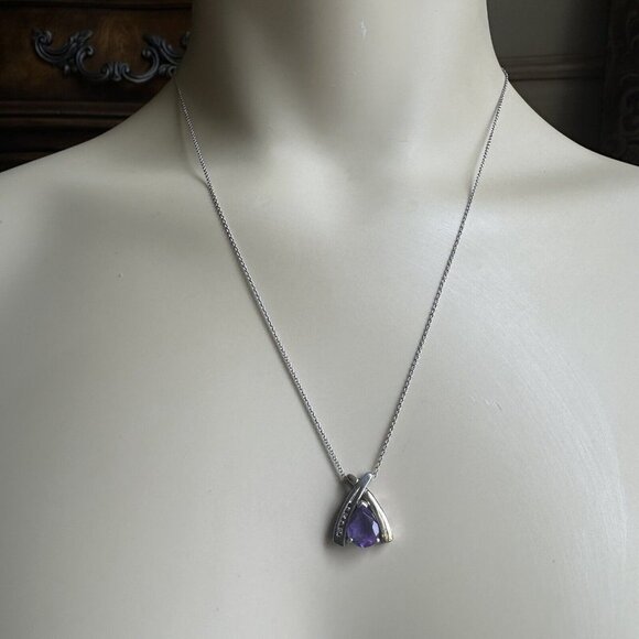 Pendant Necklace 18" Pear Shape Purple Amethyst 925 Sterling 14K Gold Plate 3.5g - Picture 1 of 8